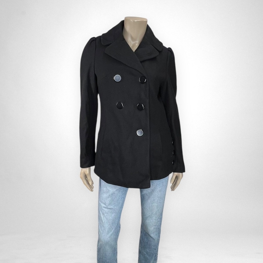 WHITE RIVET Double Breasted Black Pea Coat Petite M - Picture 2 of 11